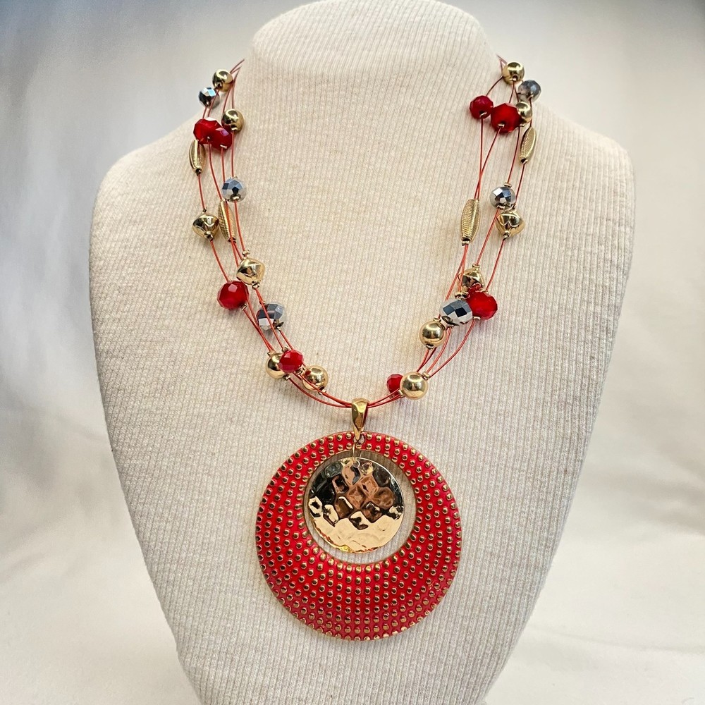 💎"N" Station Matinee Necklace Four Strands With Pendant Bright Red And Gold Tone